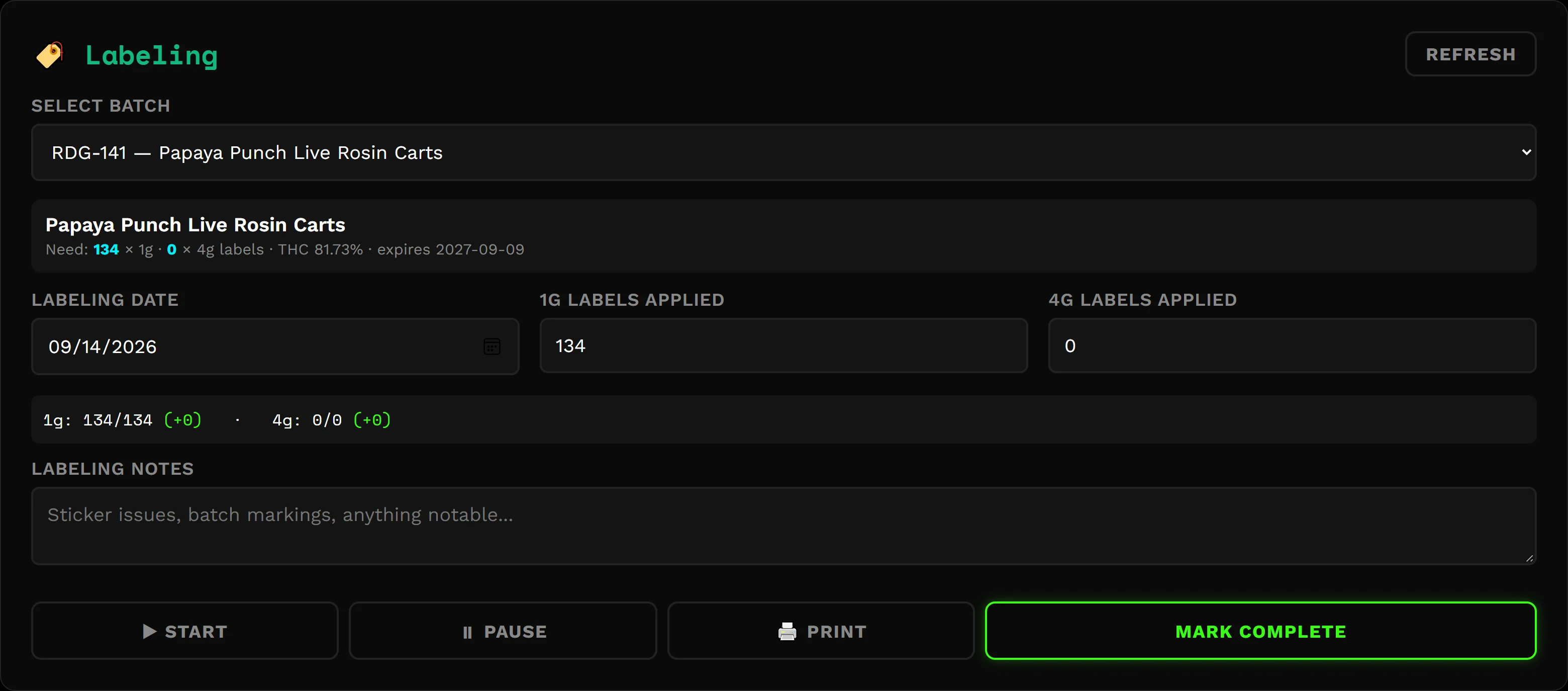 Labeling station showing labels needed, labels applied for 1g and 4g units, and pause, print and complete controls
