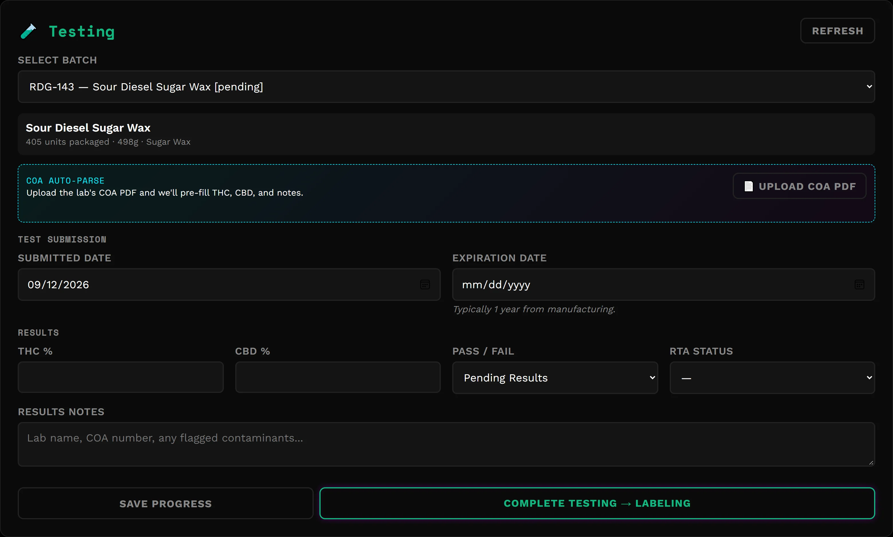 Testing station for a sugar wax batch with a COA PDF upload, submission and expiration dates, and result fields